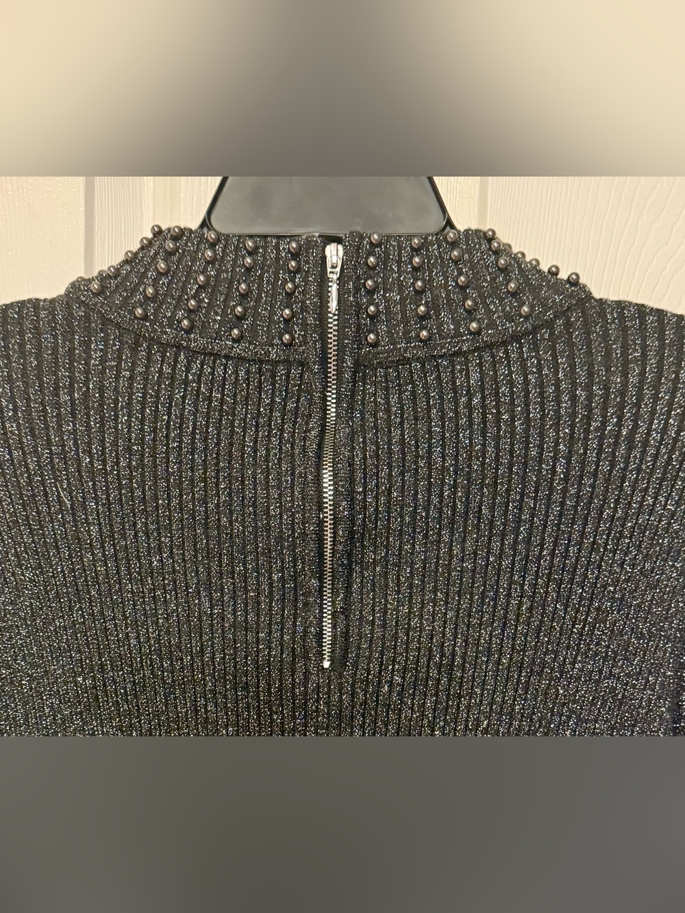 Belldini Black Silver Metallic Mock Neck Peplum Top Embellished Collar Size Smal - Picture 7 of 13